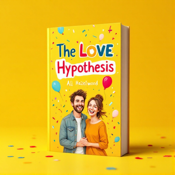 standing book mockup, Its title is "The Love Hypothesis". Its author name is Ali Hazelwood.  The cover features an illustration of a laughing couple, standing closely together. They are surrounded by colorful confetti and balloons, creating a joyful and festive atmosphere. The background is bright yellow, radiating happiness and optimism. The title "The Love Hypothesis" is displayed in a playful and bold font, with each word in a different color, adding to the fun vibe of the cover. The author's name, Ali Hazelwood, is placed below the title in a more elegant and simple font., The main focal point of the cover is the laughing couple, positioned in the center. The title and author's name are placed above and below the illustration, respectively. The confetti and balloons are scattered around the couple, adding movement and energy to the design.