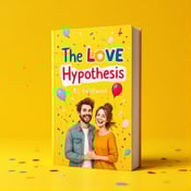 standing book mockup, Its title is "The Love Hypothesis". Its author name is Ali Hazelwood.  The cover features an illustration of a laughing couple, standing closely together. They are surrounded by colorful confetti and balloons, creating a joyful and festive atmosphere. The background is bright yellow, radiating happiness and optimism. The title "The Love Hypothesis" is displayed in a playful and bold font, with each word in a different color, adding to the fun vibe of the cover. The author's name, Ali Hazelwood, is placed below the title in a more elegant and simple font., The main focal point of the cover is the laughing couple, positioned in the center. The title and author's name are placed above and below the illustration, respectively. The confetti and balloons are scattered around the couple, adding movement and energy to the design.