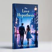standing book mockup, Its title is "The Love Hypothesis". Its author name is Ali Hazelwood.  The cover features a stylish couple walking hand in hand on a city street. The cityscape is modern and vibrant, with tall buildings and colorful lights. The couple is depicted in a modern, fashionable style, with the man wearing a tailored suit and the woman in an elegant dress. The background is a gradient of blue, representing the contemporary romance genre. The title "The Love Hypothesis" is displayed at the top in a sophisticated, sans-serif font, with a gradient effect to match the background. The author name, Ali Hazelwood, is elegantly placed at the bottom in a script font., The couple is centered on the cover, with the title above and the author name below. The visual elements are balanced and well-proportioned.