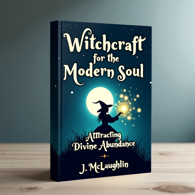 The cover features a mystical, night-time landscape with a full moon shining bright. In the foreground, there is a silhouette of a witch casting a spell, surrounded by glowing orbs of light representing divine abundance. The composition is balanced and visually striking, drawing the viewer's attention to the magical elements.