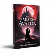 standing book mockup, Its title is "The Mists of Avalon". Its author name is Marion Zimmer Bradley.  The cover features a majestic castle in the background, bathed in a crimson moonlit sky. In the foreground, two silhouetted figures are locked in an embrace, depicting passion and intrigue. The title "The Mists of Avalon" is written in an elegant, bold font, with a touch of mystical appeal. The author's name, Marion Zimmer Bradley, is displayed in a complementary font beneath the title., The title and author's name are positioned at the top and bottom of the cover respectively, allowing the captivating imagery to take center stage.