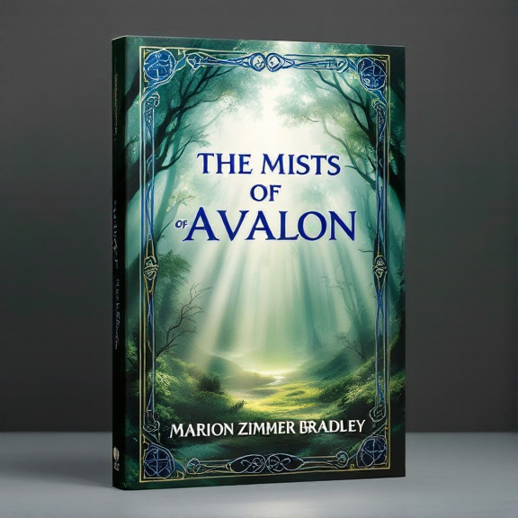 The cover features an enchanted forest enveloped in mist, with rays of light streaming through the trees. Celtic symbols border the edges, adding a touch of ancient magic. The title "The Mists of Avalon" is prominently displayed at the top, while the author's name, Marion Zimmer Bradley, is shown at the bottom in a stylized font.