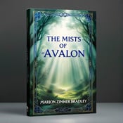 standing book mockup, Its title is "The Mists of Avalon". Its author name is Marion Zimmer Bradley.  The cover features an enchanted forest enveloped in mist, with rays of light streaming through the trees. Celtic symbols border the edges, adding a touch of ancient magic. The title "The Mists of Avalon" is prominently displayed at the top, while the author's name, Marion Zimmer Bradley, is shown at the bottom in a stylized font. The title is written in an elegant serif font, with the word "Mists" highlighted in a slightly larger size and royal blue color to draw attention. The author's name is written in a flowing script font, creating a sense of romance and mystique., The title and author's name are centered on the cover, ensuring they are easily readable. The enchanted forest imagery occupies the majority of the cover, creating a captivating visual.