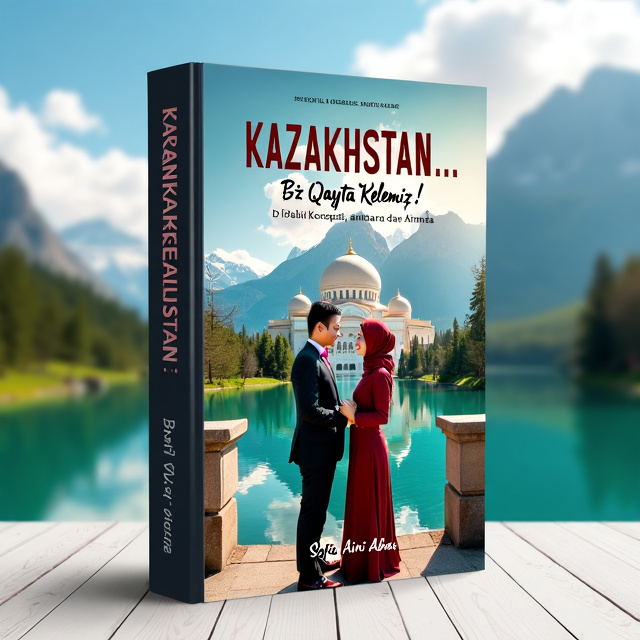 The cover features a beautiful photograph of a Muslim couple, dressed in elegant attire, standing in front of a stunning architectural landmark in Kazakhstan. The couple is looking at each other with love and happiness, representing the romance and love story in the book. The background showcases the breathtaking natural beauty of Kazakhstan, with mountains, lakes, and green landscapes.