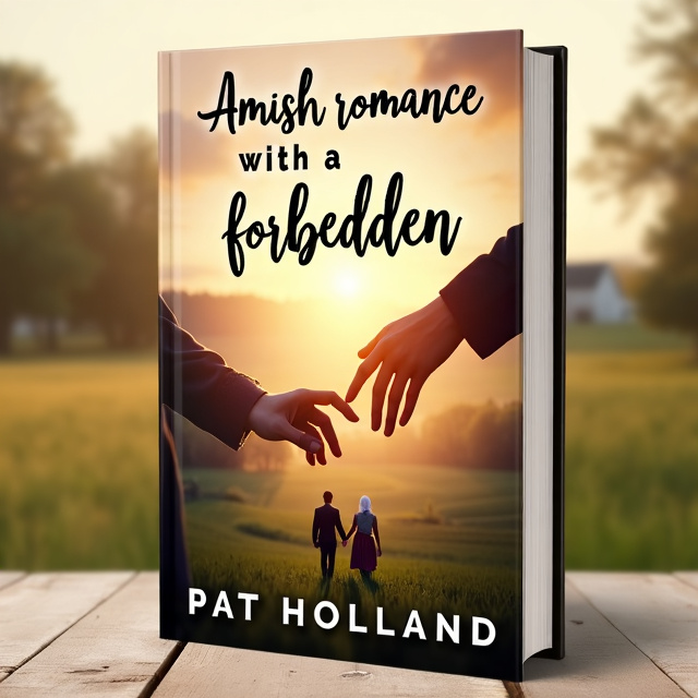 The cover features a close-up image of two hands reaching out towards each other. The hands are surrounded by a soft, warm light, evoking a sense of intimacy and connection. The background is a pastoral scene of an Amish farm, with a couple walking hand in hand.