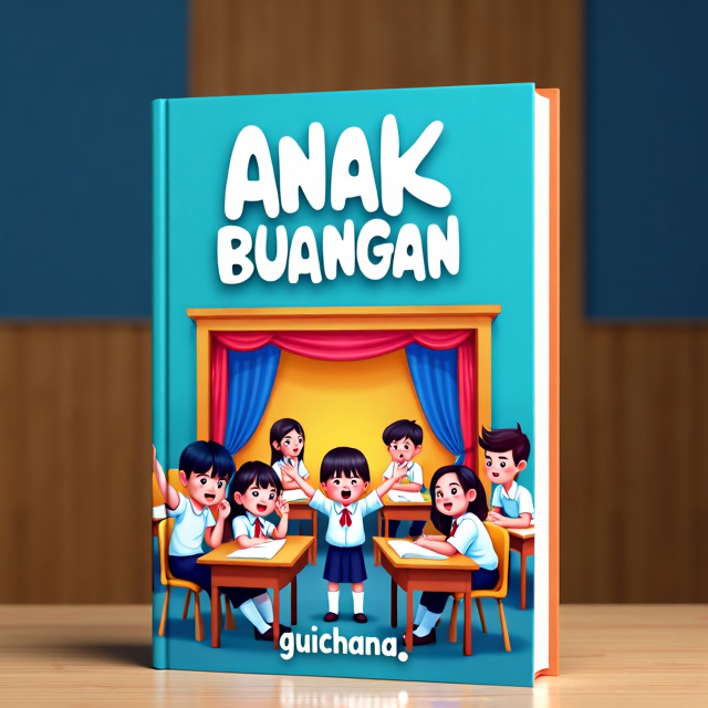 The cover features a classroom filled with Indonesian high school kids wearing their uniforms. The classroom is brightly lit and has a theater-style backdrop with colorful curtains. The students are shown engaged in silly and playful activities, such as acting out scenes or taking funny poses. The overall vibe is energetic and lively.