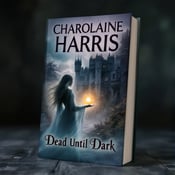 standing book mockup, Its title is "Dead Until Dark". Its author name is Charlaine Harris.  A ghostly figure of a woman with flowing hair hovers in front of an ancient castle, holding a glowing orb in her outstretched hand. The castle is shrouded in mist, giving it an eerie and enchanted atmosphere. The book title "Dead Until Dark" is displayed in a bold and gothic font, slightly tilted for a dynamic effect. The author's name, Charlaine Harris, is written in a more elegant and cursive font, adding a touch of romance., The ghostly figure and castle are the central focus of the cover, with the title and author's name placed at the top and bottom respectively, allowing the imagery to take center stage.