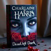standing book mockup, Its title is "Dead Until Dark". Its author name is Charlaine Harris.  A close-up of intense vampire eyes taking up the majority of the cover, with a blood red rose overlayed in the corner. The vampire eyes are set against a twilight sky, creating a dark and alluring atmosphere. The book title "Dead Until Dark" is written in bold, gothic font, placed at the top of the cover. The author name "Charlaine Harris" is written in a more elegant and flowing font, placed at the bottom., The vampire eyes and blood red rose are the central focus, taking up most of the cover. The title and author name are placed at opposite ends of the cover, allowing the eyes and rose to be the main visual elements.