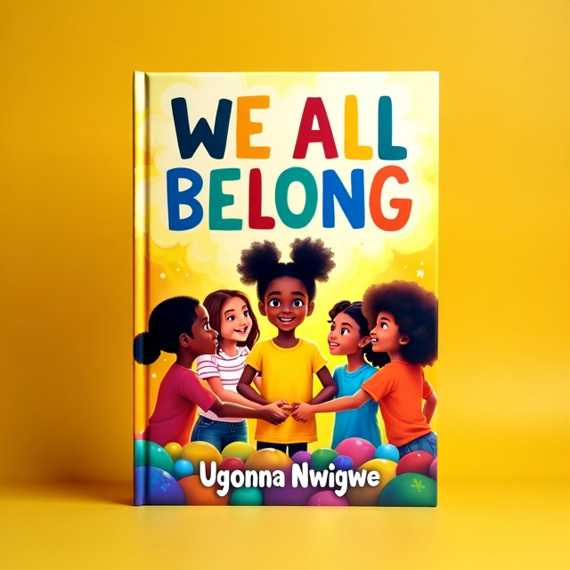 The cover features a warm, sunny yellow background. In the center, a group of six children from different racial and cultural backgrounds gather around a vibrant, colorful mosaic. Each child's face radiates joy and curiosity as they hold hands, forming an unbroken circle. The central character, a four-year-old girl with Afro-puffs, stands at the center, looking directly at the viewer with a sense of belonging and inclusivity. The title "We All Belong" is emblazoned across the top, with each word overlapping the next in playful, colorful letters. The author's name, "Ugonna Nwigwe," is written at the bottom in an elegant font.
