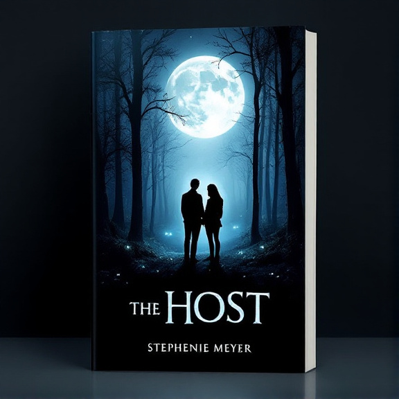 A silhouetted couple stands at the edge of a moonlit forest, with trees creating a frame around them. The moon shines brightly above, casting a glow on the couple and the surrounding area. Mysterious glowing eyes peer out from the darkness of the forest, adding an element of intrigue.
