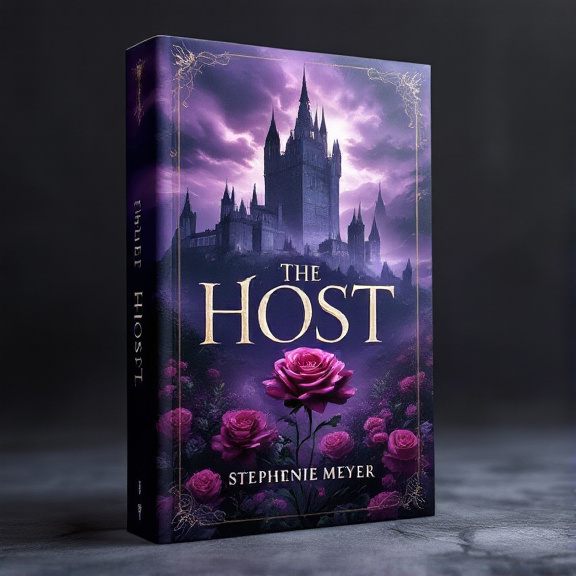 The cover features an ancient castle towering in the background, set against stormy purple skies. In the foreground, an enchanted rose blooms, surrounded by a hint of mist. The overall mood is mystical, enchanting, and eerie.