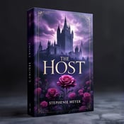 standing book mockup, Its title is "The Host". Its author name is Stephenie Meyer.  The cover features an ancient castle towering in the background, set against stormy purple skies. In the foreground, an enchanted rose blooms, surrounded by a hint of mist. The overall mood is mystical, enchanting, and eerie. The book title "The Host" is elegantly displayed in a deep purple font with a touch of gold accents, adding to the enchanting feel. The author name, Stephenie Meyer, is placed in a smaller, more understated font at the bottom of the cover., The title is positioned at the top of the cover, spanning across the castle and the sky, creating a strong visual impact. The author name is placed at the bottom, ensuring it doesn't overpower the main elements of the cover.