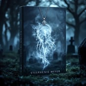standing book mockup, Its title is "The Host". Its author name is Stephenie Meyer.  The mist-covered cemetery at dusk serves as the main background. A silver pendant is positioned in the center, hovering slightly above the ground. The headstones are scattered around, creating an atmosphere of mystery and supernatural presence. The fog wisps cling to the pendant, adding an ethereal touch. The book title "The Host" is displayed in an elegant, slightly cursive font, positioned above the pendant. Stephenie Meyer's name is presented in a clean and bold font at the bottom of the cover., The title and author name are aligned horizontally, creating a balanced composition. The pendant and cemetery fill the rest of the cover, with the pendant placed slightly off-center for visual interest.