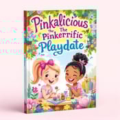 standing book mockup, Its title is "Pinkalicious: The Pinkerrific Playdate". Its author name is Victoria Kann.  The cover features a vibrant and joyful treehouse playdate scene. The main focus is on two young girls, wearing friendship bracelets and laughing together. Surrounding them are colorful flowers, creating a playful and whimsical atmosphere. The title, "Pinkalicious The Pinkerrific Playdate," is displayed in a playful and fun font. The author's name, Victoria Kann, is written in a more elegant and feminine script font, adding a touch of sophistication., The title is placed at the top of the cover, spanning the width of the book, ensuring maximum visibility. The author's name is positioned just below the title, centered and slightly smaller in size. The main illustration of the treehouse playdate scene occupies the bottom half of the cover, with the characters and flowers arranged in a way that draws the viewer's attention.