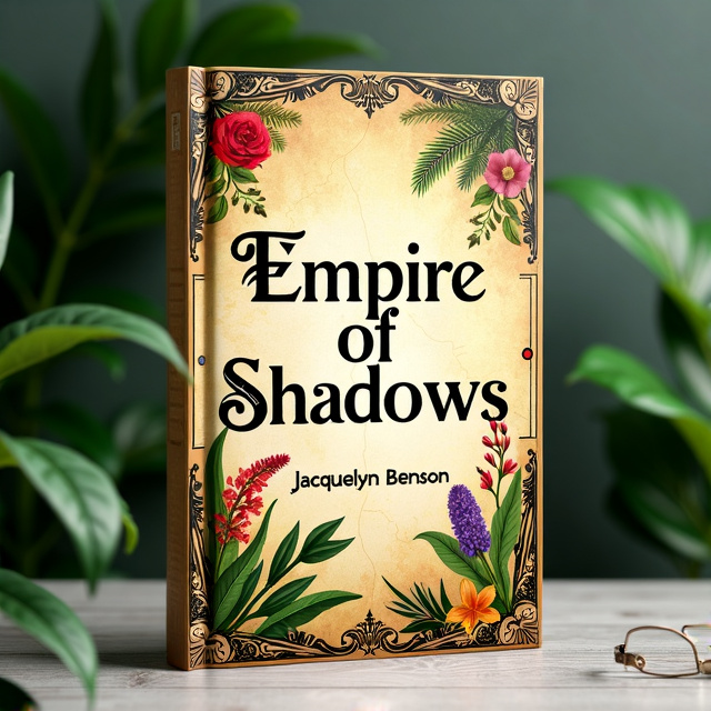 The cover features a vintage map as the background, with intricate filigree designs covering the corners. Over the map, there are vibrant illustrations of various plants and flowers, symbolizing the adventure and exploration in the story.