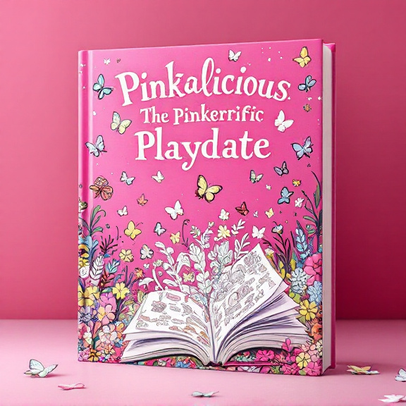 The cover features a vibrant magenta background with a whimsical garden scene. Butterflies in various sizes and colors are fluttering around, creating an enchanting atmosphere. The title "Pinkalicious The Pinkerrific Playdate" is placed at the top, with the word "Pinkalicious" written in a playful, hand-drawn font and "The Pinkerrific Playdate" in a sparkly, glittery font. In the center, there is a large coloring book, partially opened, with colorful illustrations spilling out, inviting readers to join in the fun.