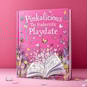 standing book mockup, Its title is "Pinkalicious: The Pinkerrific Playdate". Its author name is Victoria Kann.  The cover features a vibrant magenta background with a whimsical garden scene. Butterflies in various sizes and colors are fluttering around, creating an enchanting atmosphere. The title "Pinkalicious The Pinkerrific Playdate" is placed at the top, with the word "Pinkalicious" written in a playful, hand-drawn font and "The Pinkerrific Playdate" in a sparkly, glittery font. In the center, there is a large coloring book, partially opened, with colorful illustrations spilling out, inviting readers to join in the fun. The title "Pinkalicious" is written in a charming, script font, while "The Pinkerrific Playdate" is in a bold, glittery font., The title is placed at the top, centered, and the coloring book illustration is positioned in the center of the cover, slightly tilted for a dynamic effect. Butterflies are scattered around the page, making the composition feel lively and vibrant.