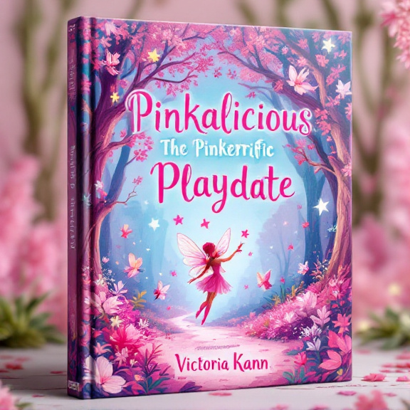 standing book mockup, Its title is "Pinkalicious: The Pinkerrific Playdate". Its author name is Victoria Kann.  The cover features an enchanted forest scene with lush pink trees, magical fairies with colorful wings, and sparkling stars scattered throughout. In the center, a whimsical fairy is holding a magic wand, casting a spell that transforms everything to pink. The overall visual style is whimsical and vibrant, capturing the sense of imagination and wonder in the book. The book title, "Pinkalicious The Pinkerrific Playdate," is written in a playful and curly font, with each word in a different shade of soft pink. The author's name, Victoria Kann, is displayed in a simple and elegant font below the title., The title and author's name are positioned at the top and bottom of the cover, respectively, allowing the enchanting forest scene to be the focal point. The typography is arranged in a way that adds balance to the overall composition.