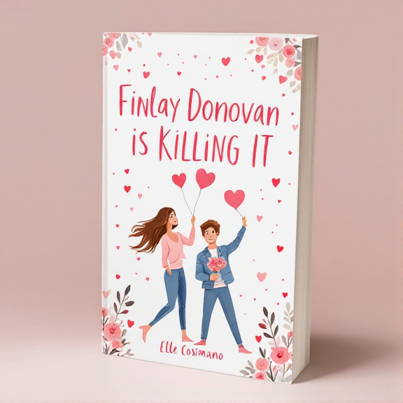 The central illustration depicts a couple in a playful pose, with the woman holding a heart-shaped balloon and the man holding a bouquet of heart-shaped flowers. Heart shapes are scattered around them, creating a whimsical atmosphere. The background features light, whimsical patterns.