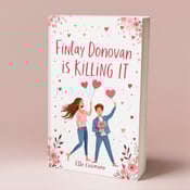 standing book mockup, Its title is "Finlay Donovan Is Killing It". Its author name is Elle Cosimano.  The central illustration depicts a couple in a playful pose, with the woman holding a heart-shaped balloon and the man holding a bouquet of heart-shaped flowers. Heart shapes are scattered around them, creating a whimsical atmosphere. The background features light, whimsical patterns. The title "Finlay Donovan Is Killing It" is written in a playful, hand-drawn font in pink color, with a slightly whimsical touch. The author's name "Elle Cosimano" is displayed at the bottom in a simple, elegant font in pink color., The central illustration occupies the majority of the cover, with the title placed at the top and the author's name at the bottom, both in pink color. The background pattern creates a cohesive look.