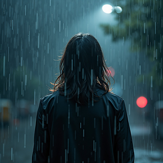 A silhouette of a man with long hair standing in the rain, looking up at the night sky. The raindrops are falling around him, creating a sense of mystery and sadness.