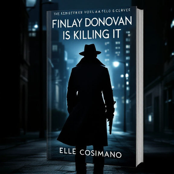 standing book mockup, Its title is "Finlay Donovan Is Killing It". Its author name is Elle Cosimano.  A silhouette of a detective in a trench coat, holding a gun, standing in a dark alley with dim streetlights casting long shadows. The silhouette is positioned in the foreground, while a shadowy cityscape with tall buildings is shown in the background. The title "Finlay Donovan Is Killing It" is bold and capitalized, with each word on a separate line. The author's name, Elle Cosimano, is written in a sleek and slightly curved font at the bottom of the cover., The title is positioned at the top of the cover, centered horizontally. The author's name is aligned at the bottom, also centered. The silhouette of the detective takes up most of the cover, with the cityscape filling the remaining space.