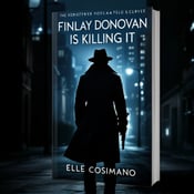 standing book mockup, Its title is "Finlay Donovan Is Killing It". Its author name is Elle Cosimano.  A silhouette of a detective in a trench coat, holding a gun, standing in a dark alley with dim streetlights casting long shadows. The silhouette is positioned in the foreground, while a shadowy cityscape with tall buildings is shown in the background. The title "Finlay Donovan Is Killing It" is bold and capitalized, with each word on a separate line. The author's name, Elle Cosimano, is written in a sleek and slightly curved font at the bottom of the cover., The title is positioned at the top of the cover, centered horizontally. The author's name is aligned at the bottom, also centered. The silhouette of the detective takes up most of the cover, with the cityscape filling the remaining space.