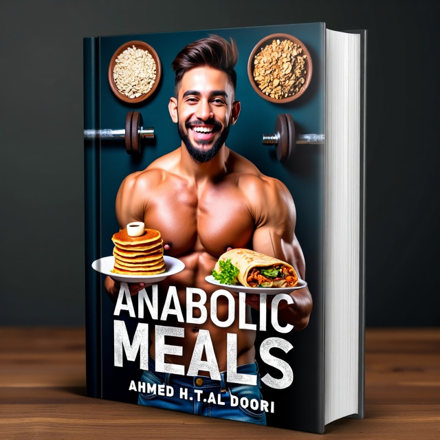 A close-up image of a muscular guy with a faded hair and beard, holding a plate of pancakes in one hand and a shawarma in the other. The guy has a happy and satisfied expression on his face. The background is filled with images of oats and dumbbells, representing the healthy and energetic aspect of the book.