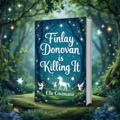 standing book mockup, Its title is "Finlay Donovan Is Killing It". Its author name is Elle Cosimano.  An enchanted forest scene with lush green trees, twinkling stars, and magical creatures such as fairies and unicorns. The title "Finlay Donovan Is Killing It" is placed at the center of the cover in elegant script, surrounded by sparkling stars. The author's name, Elle Cosimano, is placed at the bottom of the cover in a clean and modern font. The title is written in a whimsical and enchanting script font, emphasizing the magical and fantasy elements of the book. The author's name is written in a simple and legible font, contrasting with the decorative title font to create balance., The title and author's name are positioned in a symmetrical layout, with the title centered and the author's name aligned at the bottom. This creates a visually pleasing and balanced composition.