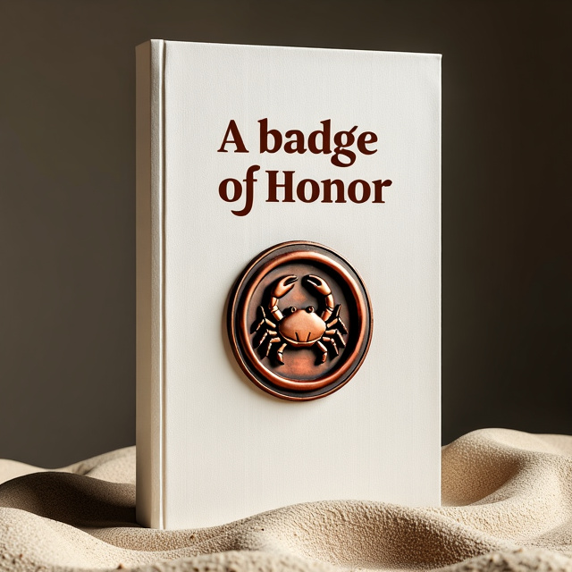 The cover features a white sandy colored background. In the center, there is a circular copper badge with a hand-carved crab inside. The badge has a rustic and hand-made appearance, suggesting the craftsmanship of a blacksmith.