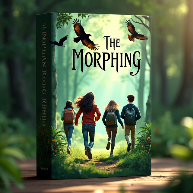 The cover features a lush, green forest background with rays of sunlight filtering through the trees. In the foreground, three teenagers are depicted running through the forest, their expressions filled with excitement and determination. Above them, a hawk, an Egyptian vulture, and a raven soar, their wings outstretched, watching over the teenagers.