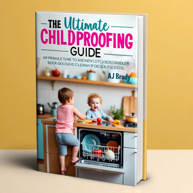The cover features two adorable toddlers sitting on a colorful kitchen island surrounded by an array of food and pots and pans. One toddler is reaching for the stove, while the other is playfully sitting on the open dishwasher door. The overall style is vibrant and playful, capturing the essence of childproofing.