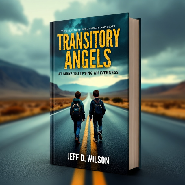 The cover features a desolate highway stretching into the distance, with a gloomy sky overhead. Two teenage boys are shown walking along the highway, their backpacks slung over their shoulders. The atmosphere is eerie, with a sense of loneliness and fear.