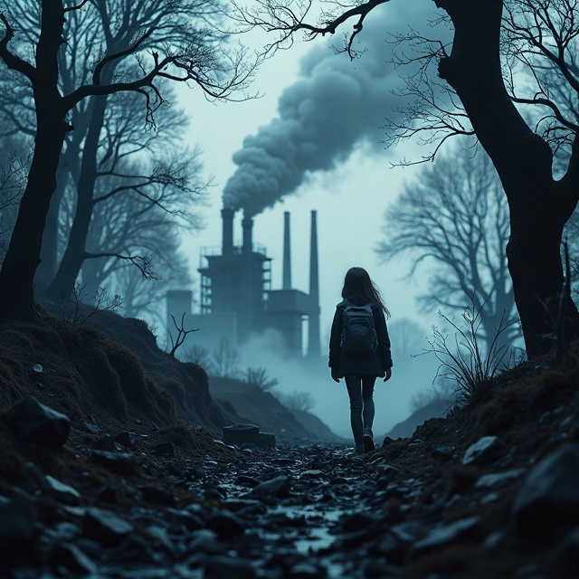The cover features a 15-year-old girl walking through a dense forest. The atmosphere is dark and ominous, with twisted trees and fog surrounding her. In the distance, there is a coal factory emitting thick smoke, adding to the sense of danger and mystery.