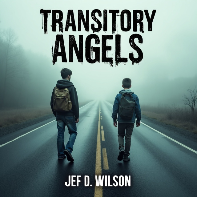 The cover features a desolate highway stretching into the distance, with thick fog enveloping the scene. Two teenage boys are walking along the road with their backpacks, their silhouettes hinting at their vulnerability and loneliness. The mood is gloomy, and there is a sense of fear and uncertainty in the air.