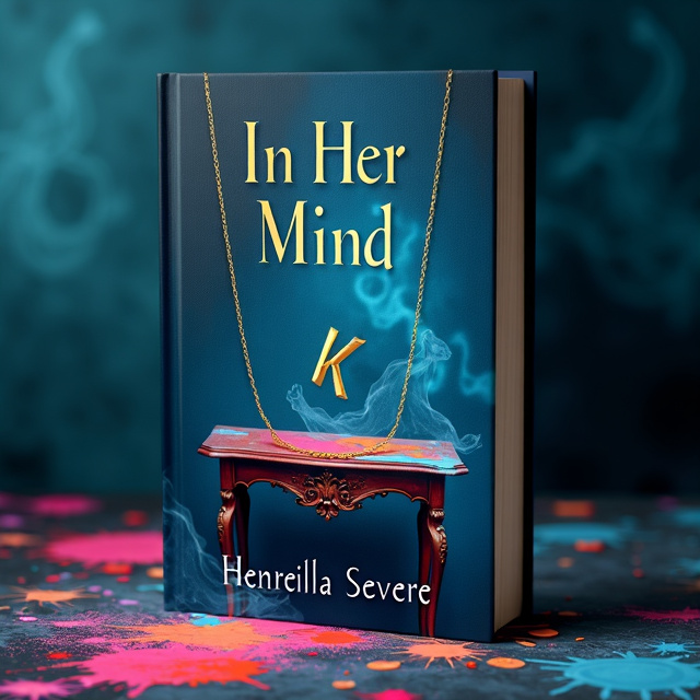 The cover features a rich, dark blue background with a soft, velvety texture. In the foreground, there is a partially obscured, ghostly antique-style table. On the table, a broken golden necklace (with the letter 'K') is prominently placed. Vibrant mixed colors of paint are scattered across the table and surrounding area, creating a dynamic and chaotic effect. Faint, ghostly elements like wispy shapes and shadows blend into the dark blue background, adding an extra layer of intrigue and depth.