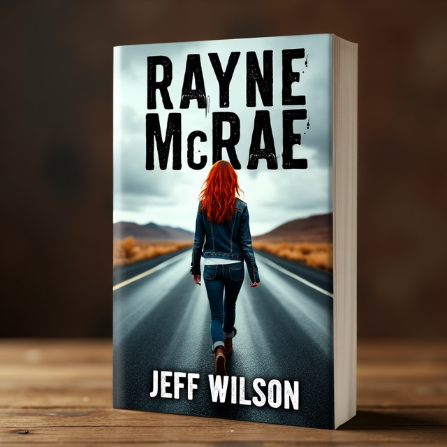 A young woman with red hair walking alone on a desolate highway, with the gloomy and desolate atmosphere of the Highway of Tears in the background.