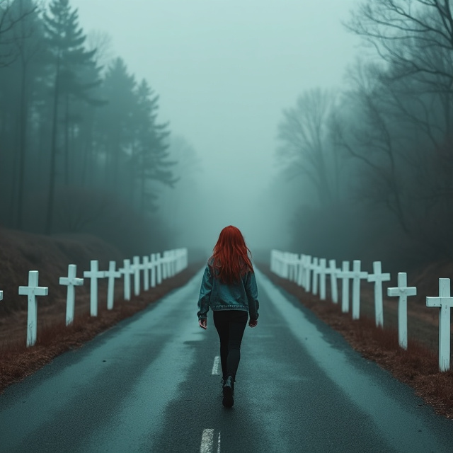 A young woman with red hair walking alone on a foggy, desolate highway. White crosses for the missing girls are displayed on the side of the road. The overall tone is gloomy and mysterious.