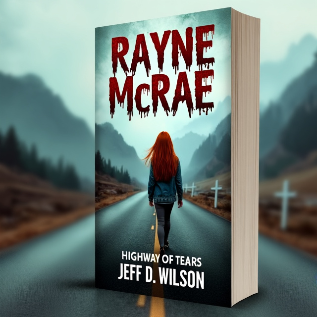 The book cover features a young woman with flowing red hair walking alone on a desolate, foggy, mountainous road. The scene is set on the Highway of Tears, symbolized by a single white cross on the side of the road. The overall atmosphere is gloomy and mysterious, with a sense of loneliness and fear.