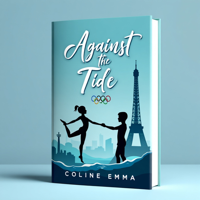 The cover features a light blue background with a silhouette of a blond girl in a gymnastics pose on the left side, and a silhouette of a blond boy swimming on the right side. The two silhouettes are connected with a swirling line that represents their journey from enemies to lovers. The Eiffel Tower is depicted in the background to convey the Paris setting, while Olympic rings are subtly incorporated in the design to highlight the Olympic Games theme.