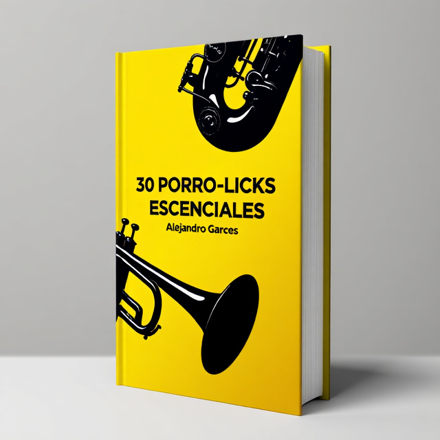 The cover features a close-up image of a saxophone and a trumpet, positioned diagonally across each other. The saxophone is placed in the top left corner, with its bell facing downwards, while the trumpet is positioned in the bottom right corner, with its bell facing upwards. The instruments are depicted in black silhouette against a bright yellow background, creating a bold contrast.