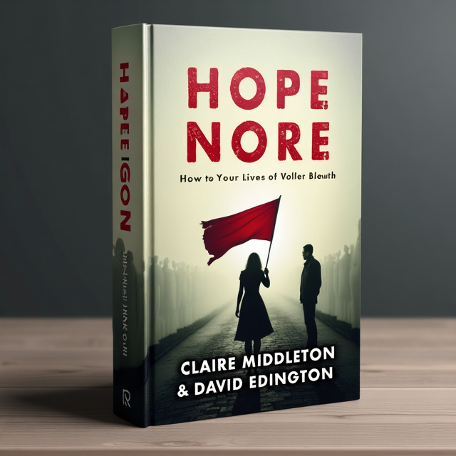 The cover features a melancholic background with a faded image of a woman and a man standing on opposite sides. A red flag is prominently displayed in the center, symbolizing hope and resilience.