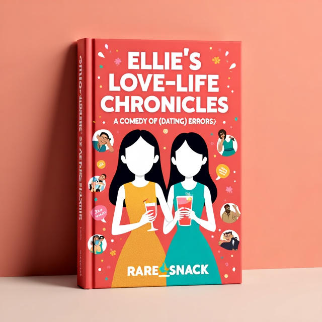 The central illustration features faceless characters Ellie and Ryker, with Ellie holding a colorful cocktail or a funny dating app screen on her phone. They are surrounded by whimsical vignettes depicting dating mishaps, such as Doug the Dog getting tangled in a leash and a clumsy dinner date. The background is a warm and inviting coral color with subtle confetti and abstract shapes in soft pink and light aqua.