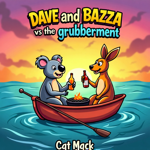 A colorful and cartoonish illustration of a drunk koala and a drunk kangaroo sitting in a small boat with a BBQ on it, floating in the vast ocean. The koala is holding a beer bottle while the kangaroo is holding a whiskey bottle. The scene is surrounded by waves and a beautiful sunset.