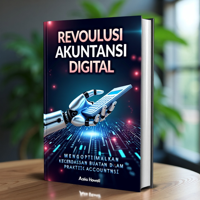 The cover features a futuristic digital landscape with circuitry patterns and binary codes. At the center, there is a robotic hand holding a calculator, symbolizing the integration of artificial intelligence and accounting. The background is filled with vibrant colors to convey a sense of energy and excitement.