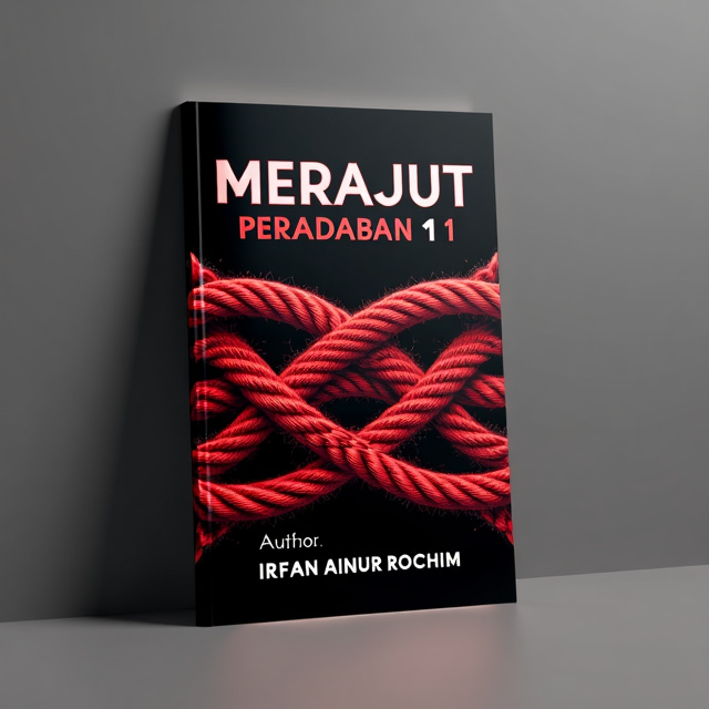 The cover features a black background with a prominent image of intertwined threads in vibrant red, symbolizing the act of weaving civilization together. The title is placed at the top, with a subtle drop shadow effect, while the author's name is placed at the bottom, also in red.