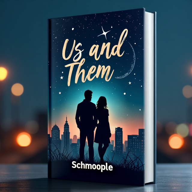 The cover features a nighttime cityscape with stars shining above. The foreground is dominated by two silhouettes of individuals, one male and one female, standing back to back, representing the "Us and Them" theme. The atmosphere is melancholic, with a hint of longing and tenderness.