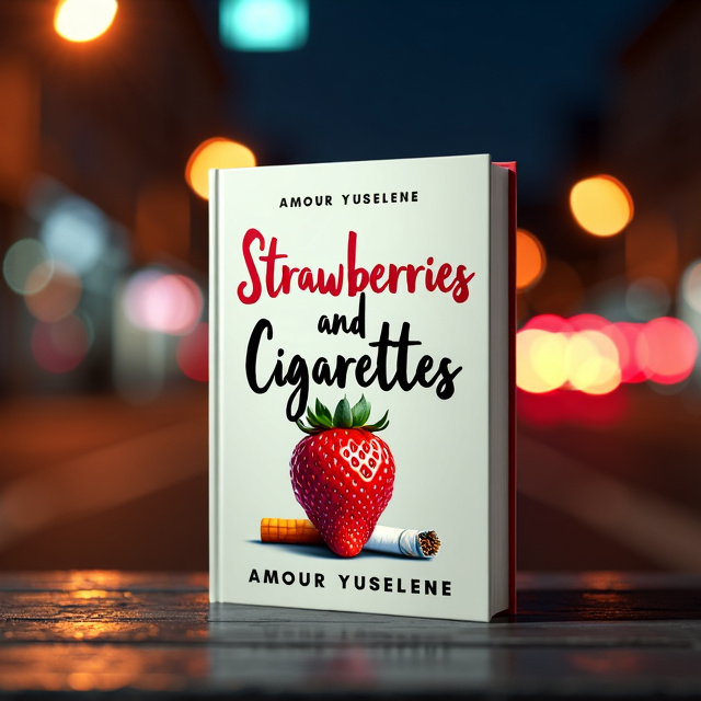 The cover features a simple and clean design with a focus on the main elements of the book - strawberries and cigarettes. A striking illustration of a red strawberry and a lit cigarette takes center stage, placed against a backdrop of city lights at night. The composition is balanced, with the strawberry and cigarette positioned on opposite sides of the cover.
