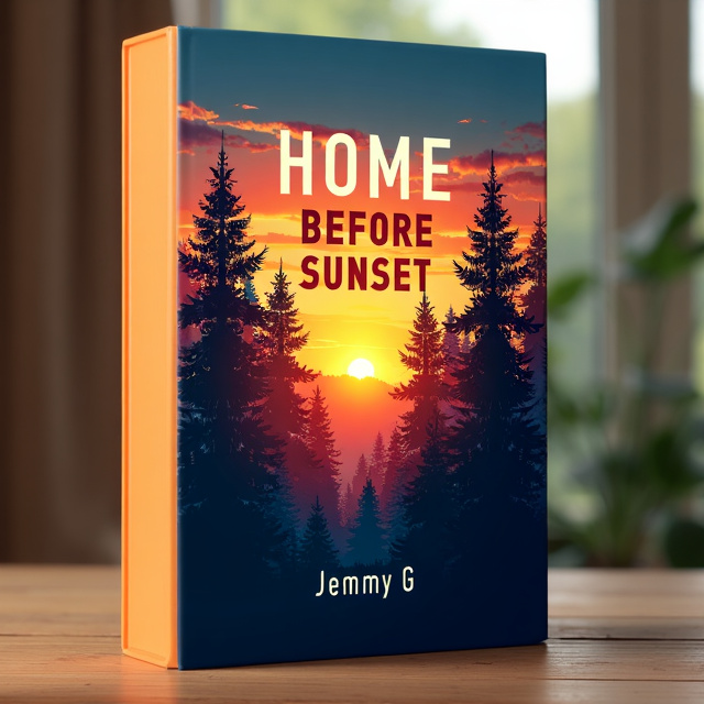 A vibrant sunset fills the background of the cover, casting a warm glow over the scene. In the foreground, a dense forest of towering trees creates a sense of mystery and intrigue. Sun rays peek through the branches, adding depth and texture to the cover.