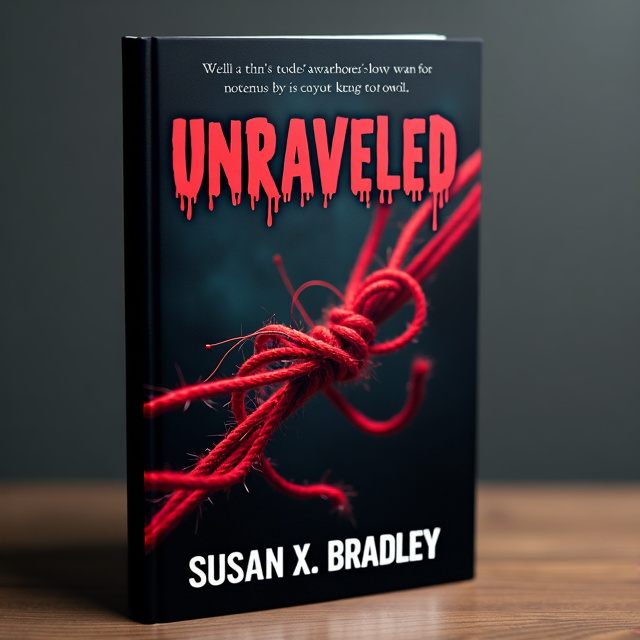 The cover features a close-up shot of a red thread being unraveled against a dark background. The thread is twisted and tangled, symbolizing the pain and mystery within the story. The image is slightly distorted, adding a sense of thrills and unease.